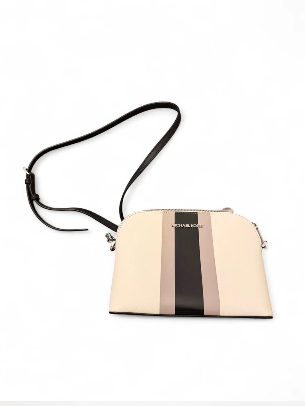 Michael Kors White Crossbody with Black and Gray Center Stripes
